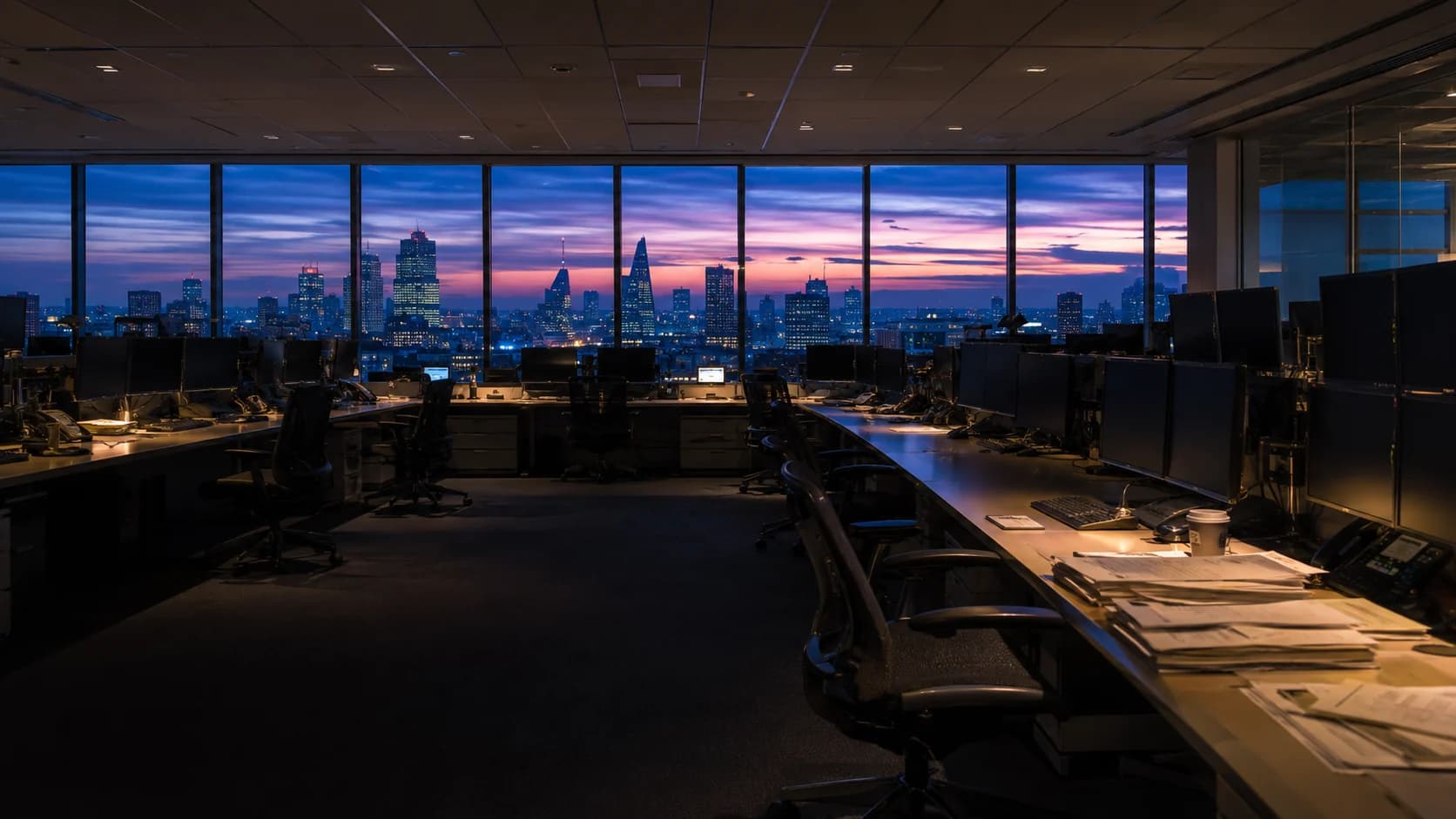 A trading floor at dusk, banks of powered-down screens along the desks and a city skyline through the windows