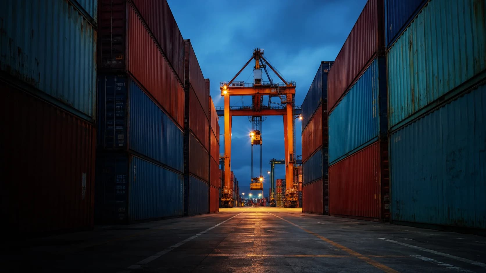 A container terminal at dusk, a lit gantry crane framed at the end of a canyon of stacked containers