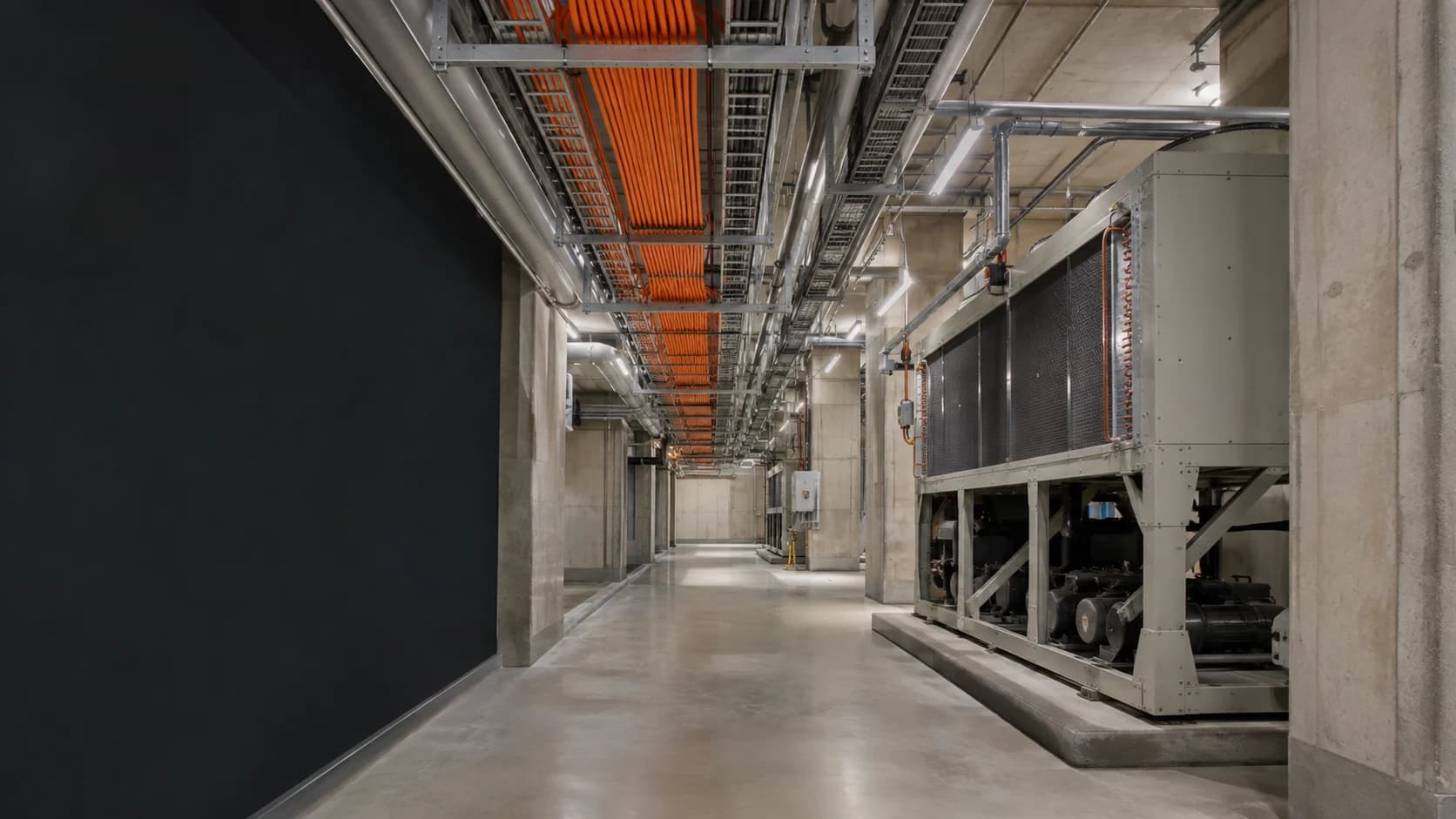 Data centre plant corridor with overhead cable trays of orange fibre and a floor-standing chiller unit