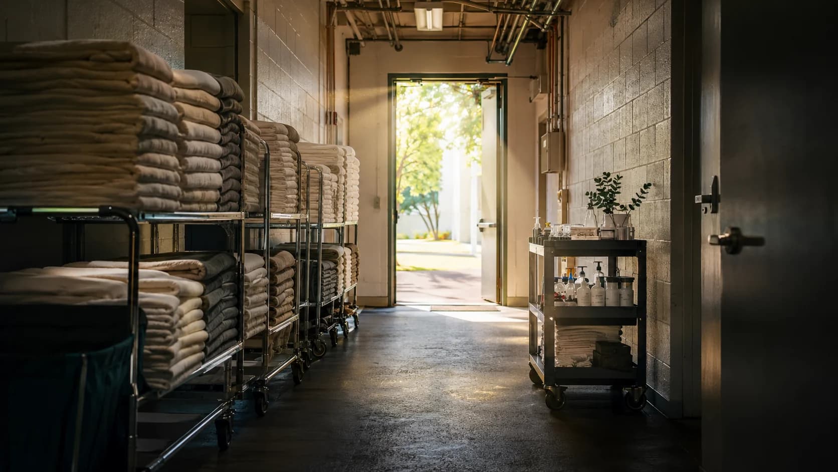 Hotel back-of-house corridor with stacked linen trolleys and an amenities cart, an exterior door open to daylight at the far end