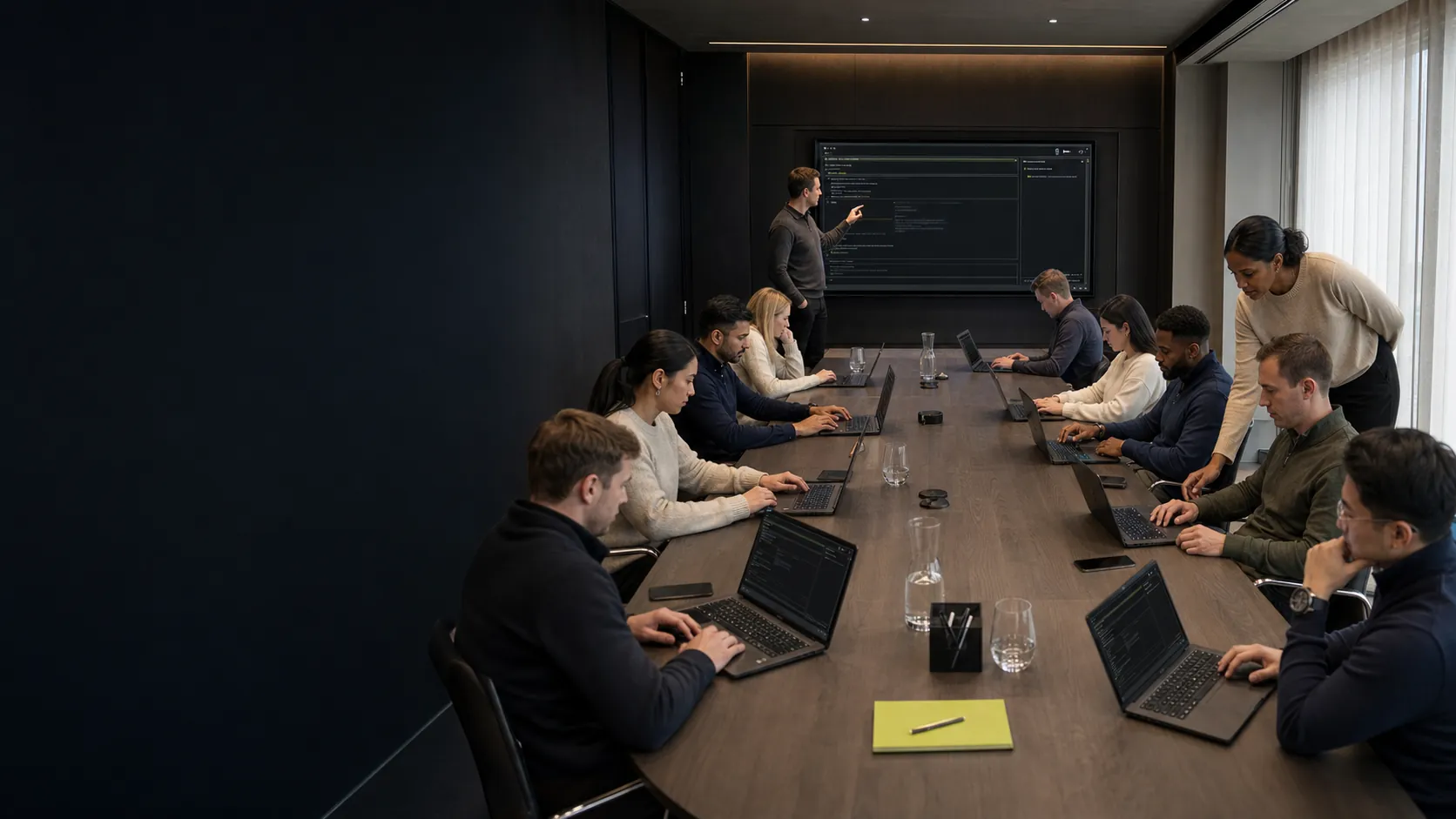 Investment professionals learning with AI assistants in a practical boardroom workshop