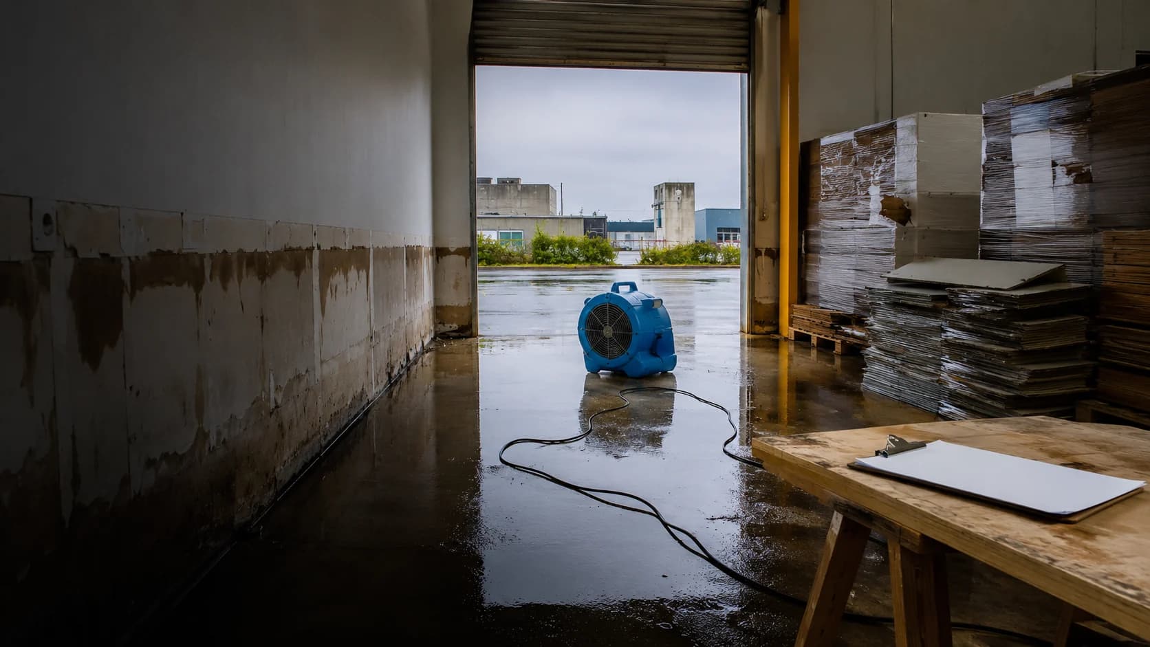 The inside of a commercial unit after a flood, a tide line up the wall, a drying fan running and a clipboard on a trestle table