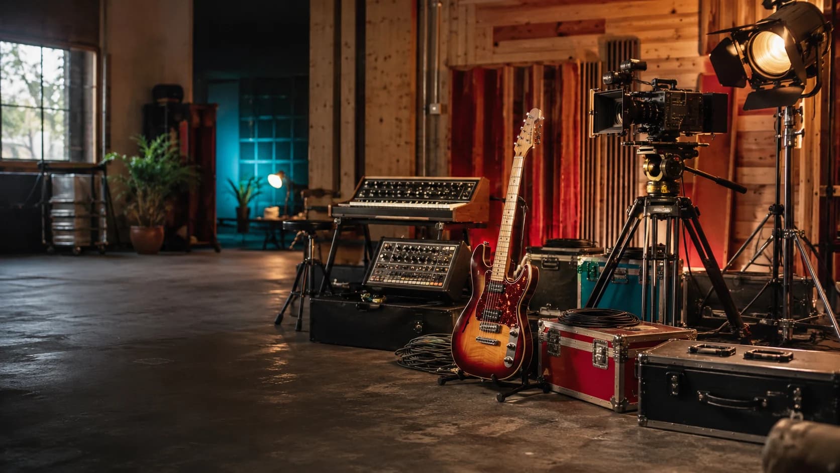 A studio floor with a guitar on a stand, synthesisers, flight cases and a camera on a tripod under a tungsten lamp