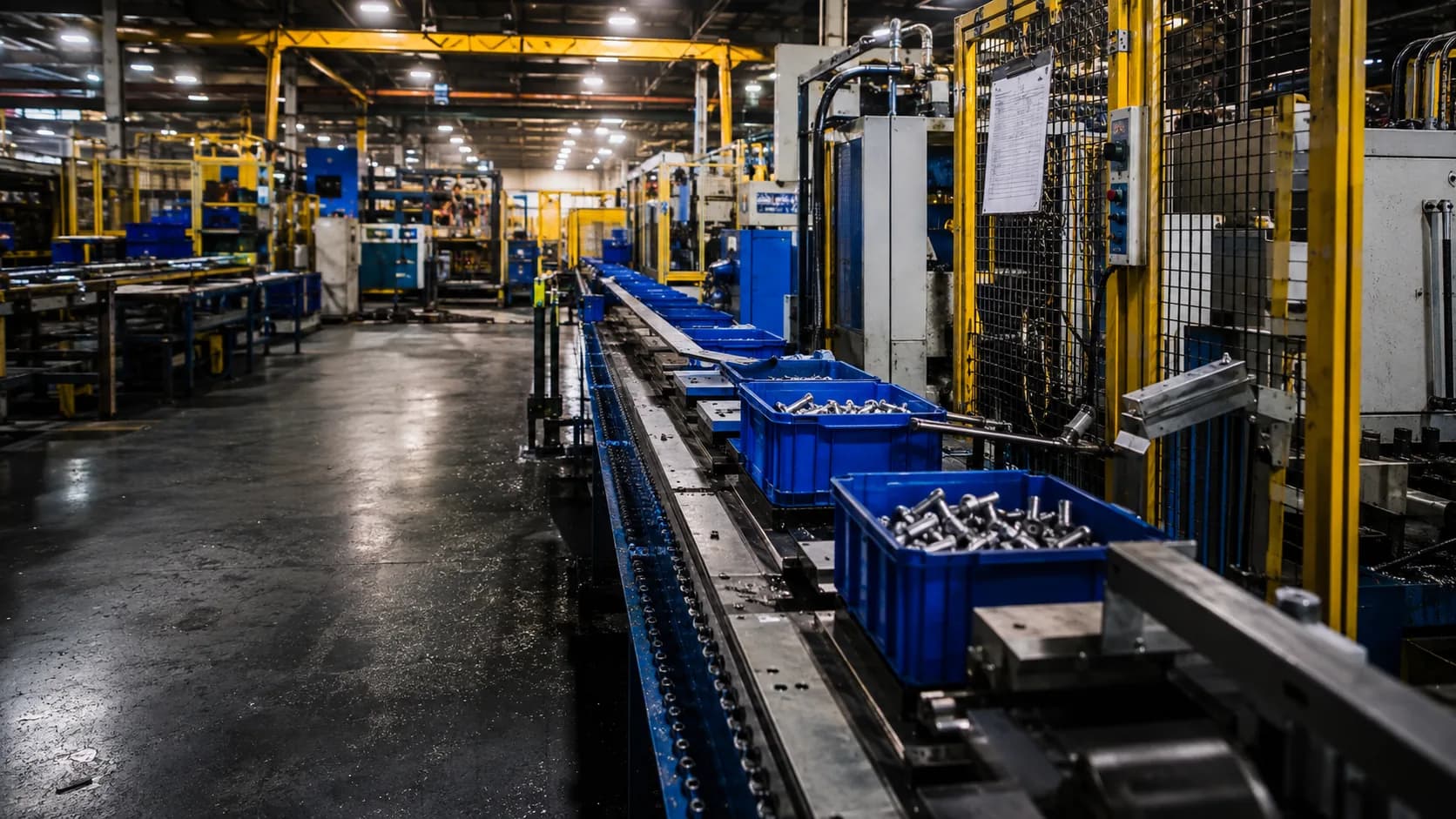 A machine shop with totes of turned metal parts moving along a conveyor past guarded machining cells