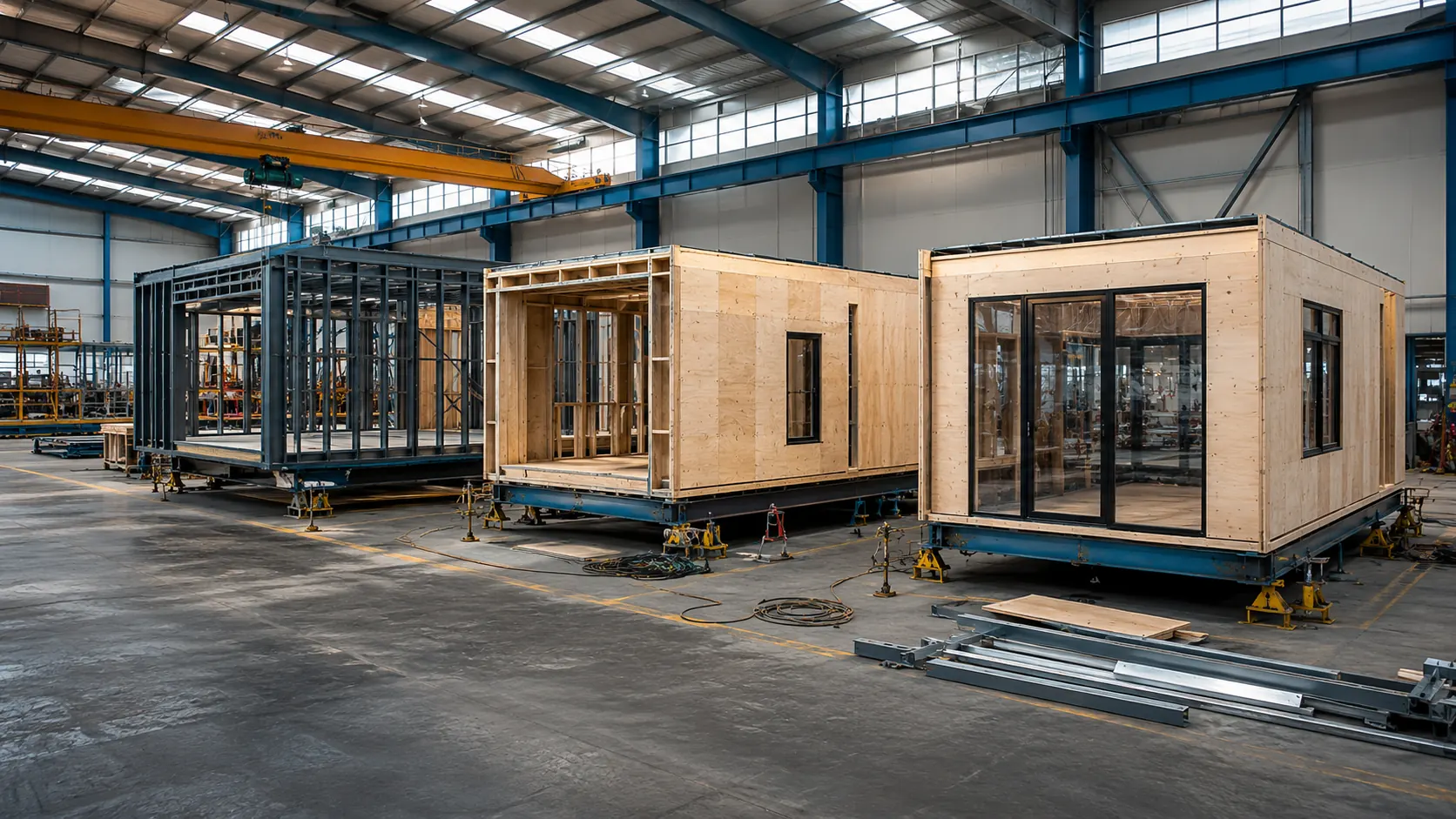 Modular building factory floor with room modules on jigs at different stages of fit-out, from bare steel frame to clad and glazed