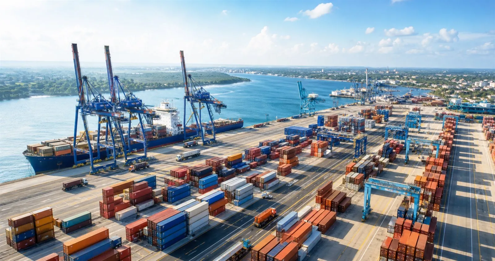 Shipping containers stacked at a port terminal
