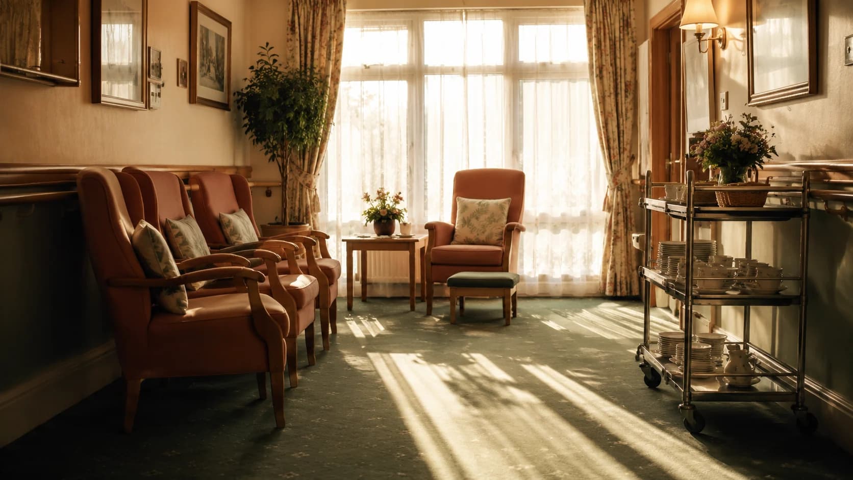 Empty care home day room in morning light, armchairs along one wall and a stacked tea trolley by the window
