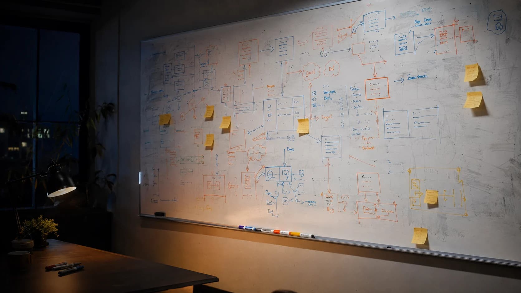 A wall-sized whiteboard covered in a hand-drawn systems diagram in three colours of marker, lit by a single desk lamp in a dark room